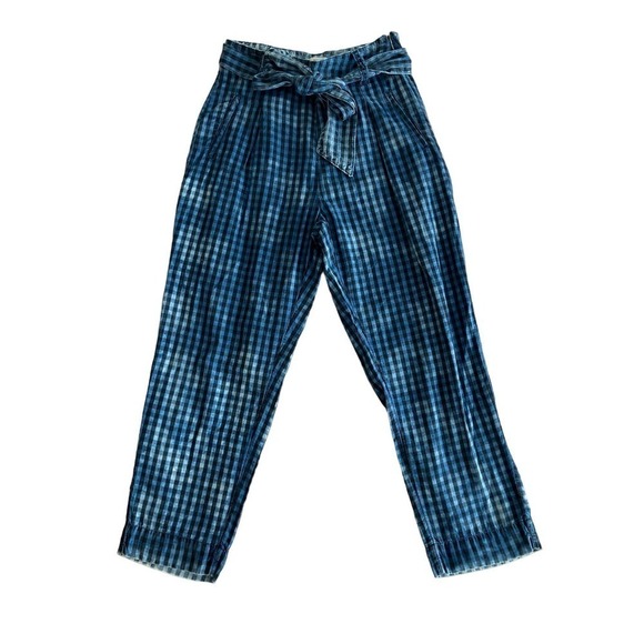 Maeve| Anthropologie Avryl Bleached Slim Pant High Waist Belt Blue Plaid Size 4 - Picture 6 of 8